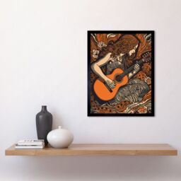 "Artery8 Wall Art Print Woman Playing Guitar Music in Rose Flower Field Art Framed in Black - Size: W12"" x H16""" - thumbnail 2