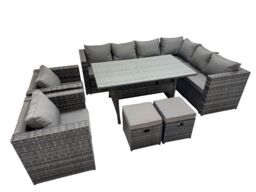 Fimous 10 Seater Patio Dining Corner Sofa Sets with 2 Chairs 2 Small Stools in Dark Grey - thumbnail 1