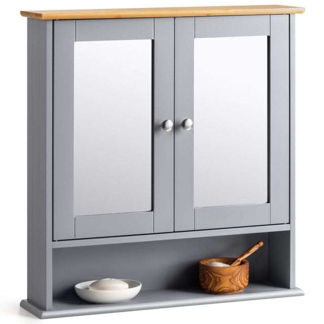 Christow Bathroom Mirrored Cabinet White Grey Wooden Double Wall Mounted Storage Unit - image 1