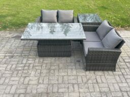 Fimous 4 Pieces Garden Furniture Sets Poly Rattan Outdoor Patio Height Adjustable Rising Lifting Table Sofa Dining Set in Dark Grey - thumbnail 2