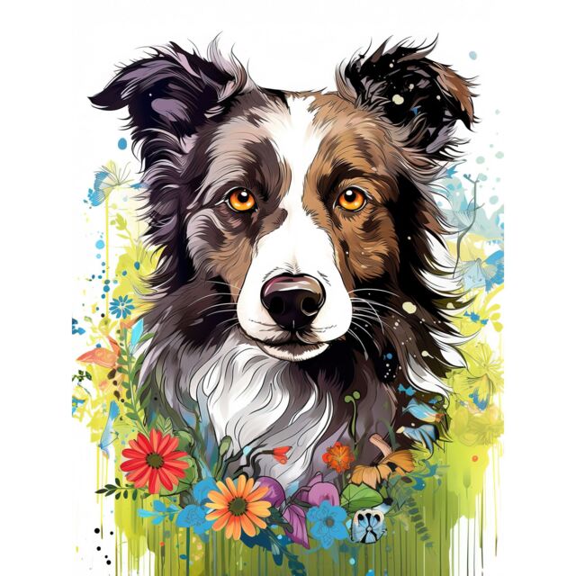 "Artery8 Wall Art Print Border Collie Dog Bright Watercolour Painting Floral Portrait with Wildflowers & Butterflies Poster - Size: W12"" x H16""" - image 1