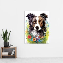 "Artery8 Wall Art Print Border Collie Dog Bright Watercolour Painting Floral Portrait with Wildflowers & Butterflies Poster - Size: W12"" x H16""" - thumbnail 2