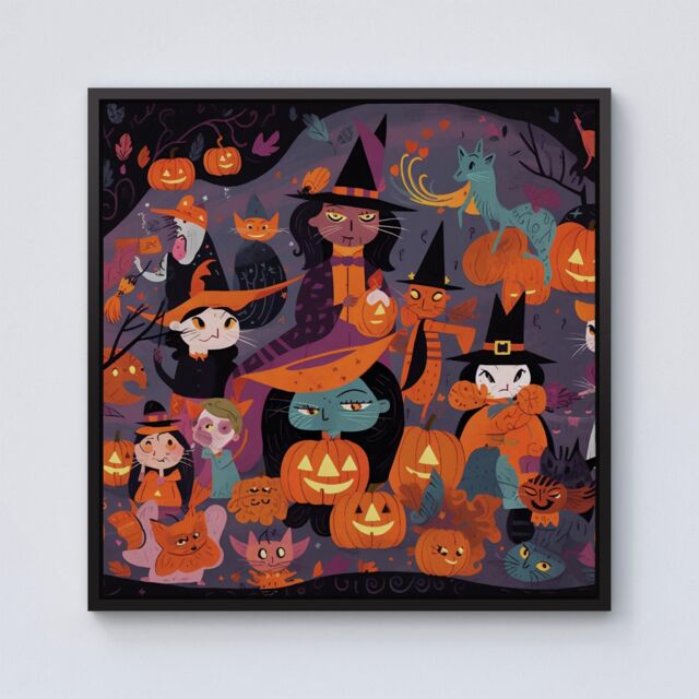 "Warren Reed - Designer A Vibrant & Colorful Illustration Of Witches & Pumpkin Framed Canvas in Black - Size: W16"" x H16""" - image 1