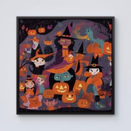 "Warren Reed - Designer A Vibrant & Colorful Illustration Of Witches & Pumpkin Framed Canvas in Black - Size: W16"" x H16""" - thumbnail 1