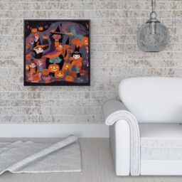 "Warren Reed - Designer A Vibrant & Colorful Illustration Of Witches & Pumpkin Framed Canvas in Black - Size: W16"" x H16""" - thumbnail 2