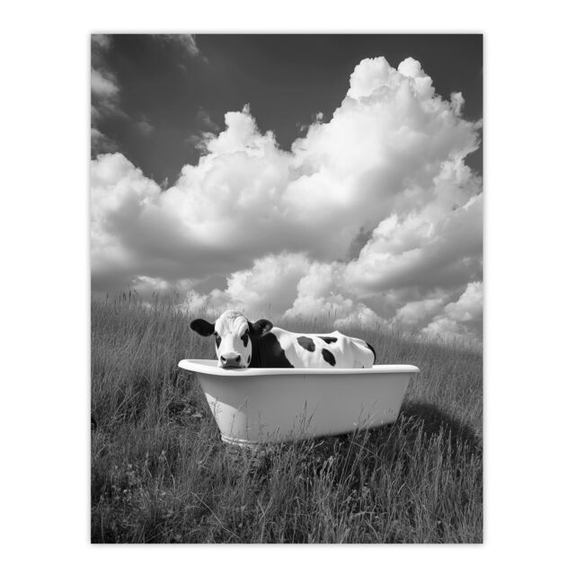 "Artery8 Cow In Bathtub in a Field Black White Surreal Wall Art Print in Grey - Size: W18"" x H24""" - image 1