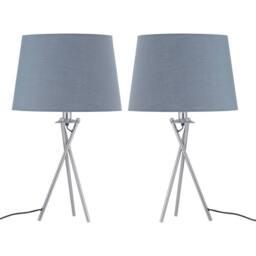 First Choice Lighting Set of 2 Tripod Table Lamps with Grey Cotton Fabric Shades in Silver