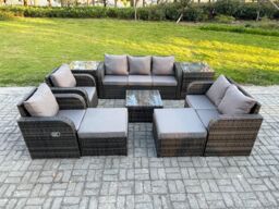 Fimous Rattan Garden Furniture 9 Piece Patio Set Table Sofa Chairs With 2 Big Footstool 2 Side Tables in Dark Grey - thumbnail 2