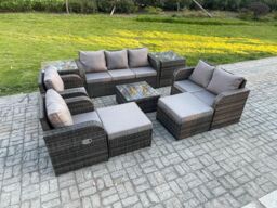 Fimous Rattan Garden Furniture 9 Piece Patio Set Table Sofa Chairs With 2 Big Footstool 2 Side Tables in Dark Grey - thumbnail 1