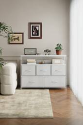 Living and Home 5-Drawer Metal Frame Chest of Drawers Storage Cabinet with Power Strip in White