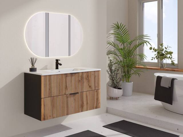 Vente-unique Wall-Hung Bathroom Unit With Inset Basin - Light Natural & Black - image 1