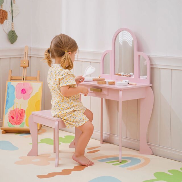 HOMCOM Kids Dressing Table & Stool with Mirror & Drawer, for Ages 3-6 Years - Pink - image 1
