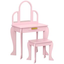 HOMCOM Kids Dressing Table & Stool with Mirror & Drawer, for Ages 3-6 Years - Pink - thumbnail 2