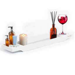 MANTRARAJ Bamboo Bath Caddy Tray Bridge Bath Tray Table Bathroom Shelf Organizer in White - thumbnail 1