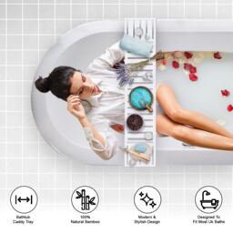 MANTRARAJ Bamboo Bath Caddy Tray Bridge Bath Tray Table Bathroom Shelf Organizer in White - thumbnail 3