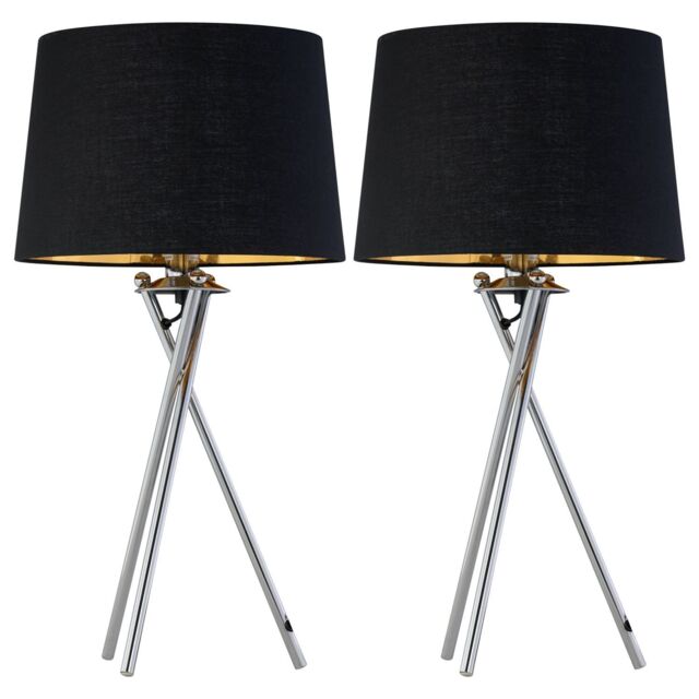 First Choice Lighting Set of 2 Tripod - Chrome Lamps with Black & Gold Fabric Shade in Silver - image 1