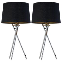 First Choice Lighting Set of 2 Tripod - Chrome Lamps with Black & Gold Fabric Shade in Silver