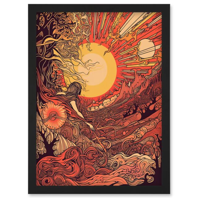 Artery8 Venus Sunset Fantasy Landscape Illustration Artwork Framed Wall Art Print A4 in Black - image 1
