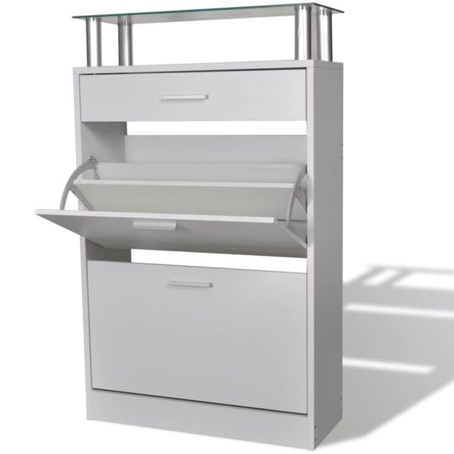 Berkfield Home Shoe Cabinet with a Drawer & a Top Glass Shelf Wood White - image 1