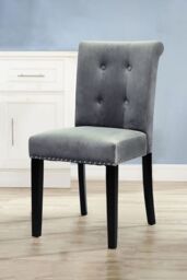 Living and Home Grey Velvet Button Tufted Nailhead Trim Dining Chair with Rubber Wooden Legs