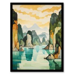 Artery8 Wall Art Print Ha Long Bay Watercolour Painting Vietnam Limestone Islands In Emerald Waters Pastel Colour Seascape Art Framed - Size: A4 - thumbnail 1