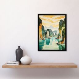 Artery8 Wall Art Print Ha Long Bay Watercolour Painting Vietnam Limestone Islands In Emerald Waters Pastel Colour Seascape Art Framed - Size: A4 - thumbnail 4