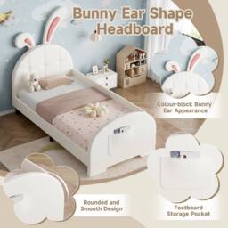 BTM 3ft Single Upholstered Bed Frame Bunny Headboard Storage Pocket Bed in White - thumbnail 4