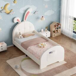 BTM 3ft Single Upholstered Bed Frame Bunny Headboard Storage Pocket Bed in White - thumbnail 2