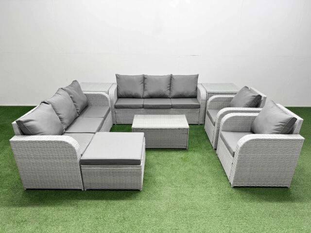 Fimous PE Rattan High Back Lounge Sofa Set Patio Coffee Table & Chairs Set with 3 Seater Sofa Reclining Chair Big Footstool 2 Side Table Light Grey - image 1