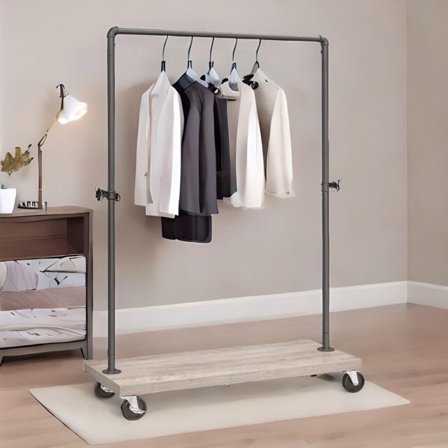 Pirlo Plush Industrial Garment Rail On Wheels Rustic Brown - image 1