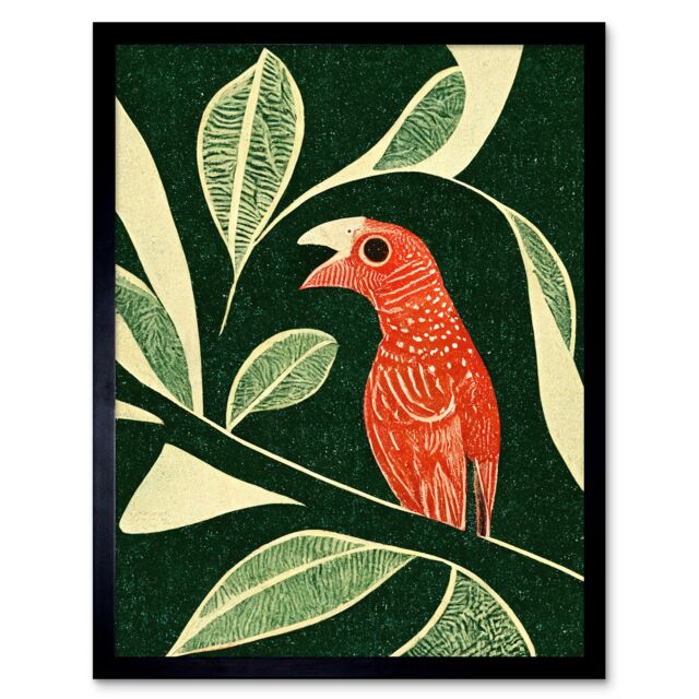 "Artery8 Wall Art Print Red Parrot On Tree Branch Vintage Linocut Art Framed in Black - Size: W12"" x H16""" - image 1