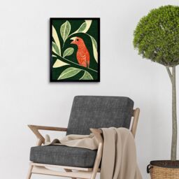 "Artery8 Wall Art Print Red Parrot On Tree Branch Vintage Linocut Art Framed in Black - Size: W12"" x H16""" - thumbnail 2