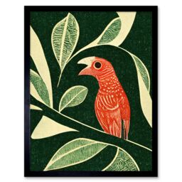 "Artery8 Wall Art Print Red Parrot On Tree Branch Vintage Linocut Art Framed in Black - Size: W12"" x H16""" - thumbnail 1