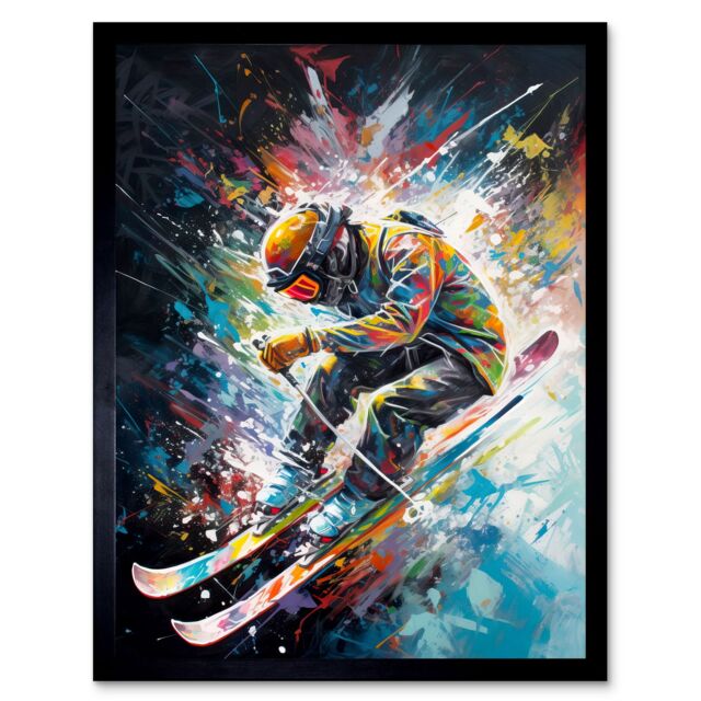 "Artery8 Wall Art Print Skier Skiing Vibrant Splatter Art Motion Painting Art Framed in Black - Size: W12"" x H16""" - image 1