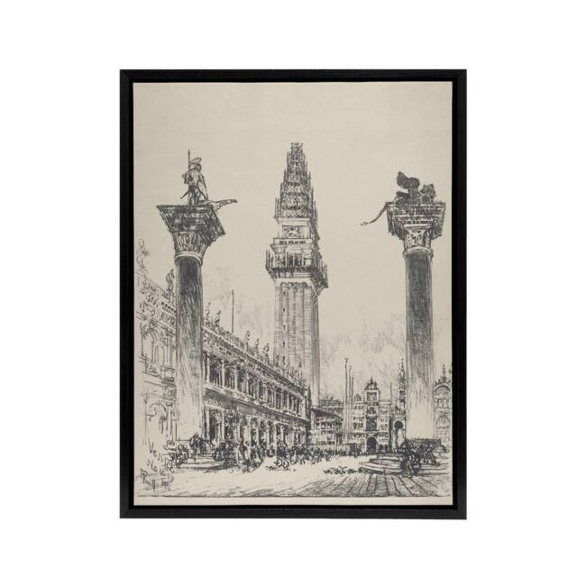"Artery8 Joseph Pennell Venice Rebuilding the Campanile Framed Canvas Art Print in Grey - Size: W18"" x H24""" - image 1