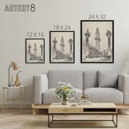 "Artery8 Joseph Pennell Venice Rebuilding the Campanile Framed Canvas Art Print in Grey - Size: W18"" x H24""" - thumbnail 4