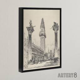 "Artery8 Joseph Pennell Venice Rebuilding the Campanile Framed Canvas Art Print in Grey - Size: W18"" x H24""" - thumbnail 2
