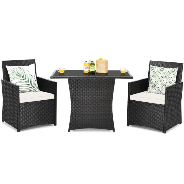 Costway 3 Pcs Patio PE Wicker Set w/ Coffee Table Garden Furniture Set in White - image 1
