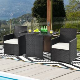 Costway 3 Pcs Patio PE Wicker Set w/ Coffee Table Garden Furniture Set in White - thumbnail 4