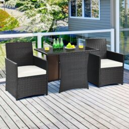 Costway 3 Pcs Patio PE Wicker Set w/ Coffee Table Garden Furniture Set in White - thumbnail 6