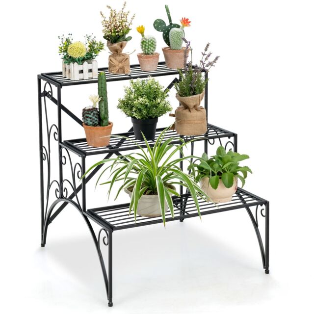 Costway 3 Tiers Metal Plant Stand Ladder Flower Pots Holder with Grid Shelves in Black - image 1