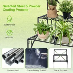 Costway 3 Tiers Metal Plant Stand Ladder Flower Pots Holder with Grid Shelves in Black - thumbnail 4