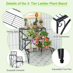 Costway 3 Tiers Metal Plant Stand Ladder Flower Pots Holder with Grid Shelves in Black - thumbnail 2