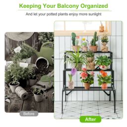 Costway 3 Tiers Metal Plant Stand Ladder Flower Pots Holder with Grid Shelves in Black - thumbnail 3