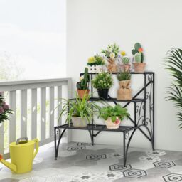 Costway 3 Tiers Metal Plant Stand Ladder Flower Pots Holder with Grid Shelves in Black - thumbnail 6