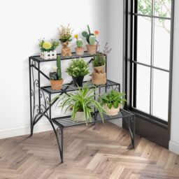 Costway 3 Tiers Metal Plant Stand Ladder Flower Pots Holder with Grid Shelves in Black - thumbnail 5