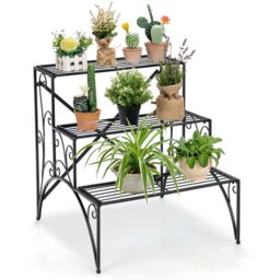 Costway 3 Tiers Metal Plant Stand Ladder Flower Pots Holder with Grid Shelves in Black - thumbnail 1