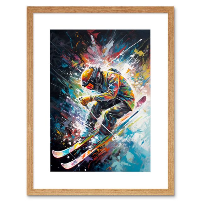 "Artery8 Wall Art Print Skier Skiing Vibrant Splatter Art Motion Painting Artwork Framed 9X7 Inch in Beige - Size: W7"" x H9""" - image 1