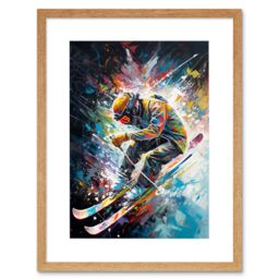 "Artery8 Wall Art Print Skier Skiing Vibrant Splatter Art Motion Painting Artwork Framed 9X7 Inch in Beige - Size: W7"" x H9""" - thumbnail 1
