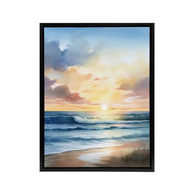 "Artery8 Beach Shore Waves Sunset Seascape Framed Canvas Wall Art Print in Blue - Size: W12"" x H16""" - image 1